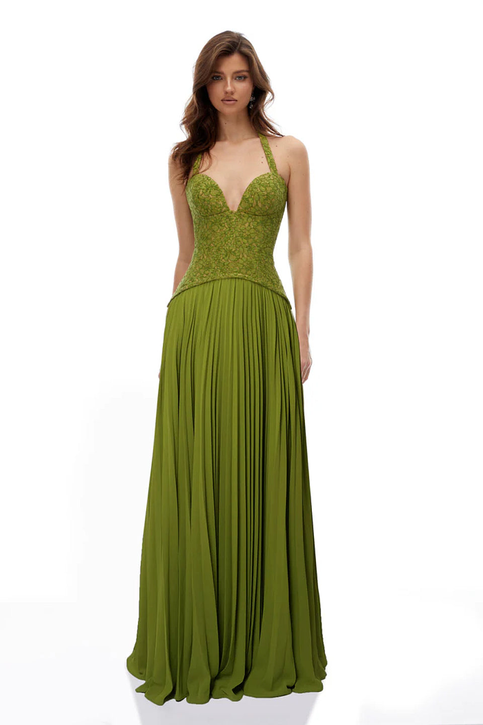 corset pleated dress Green Lace Corset Pleated Gown