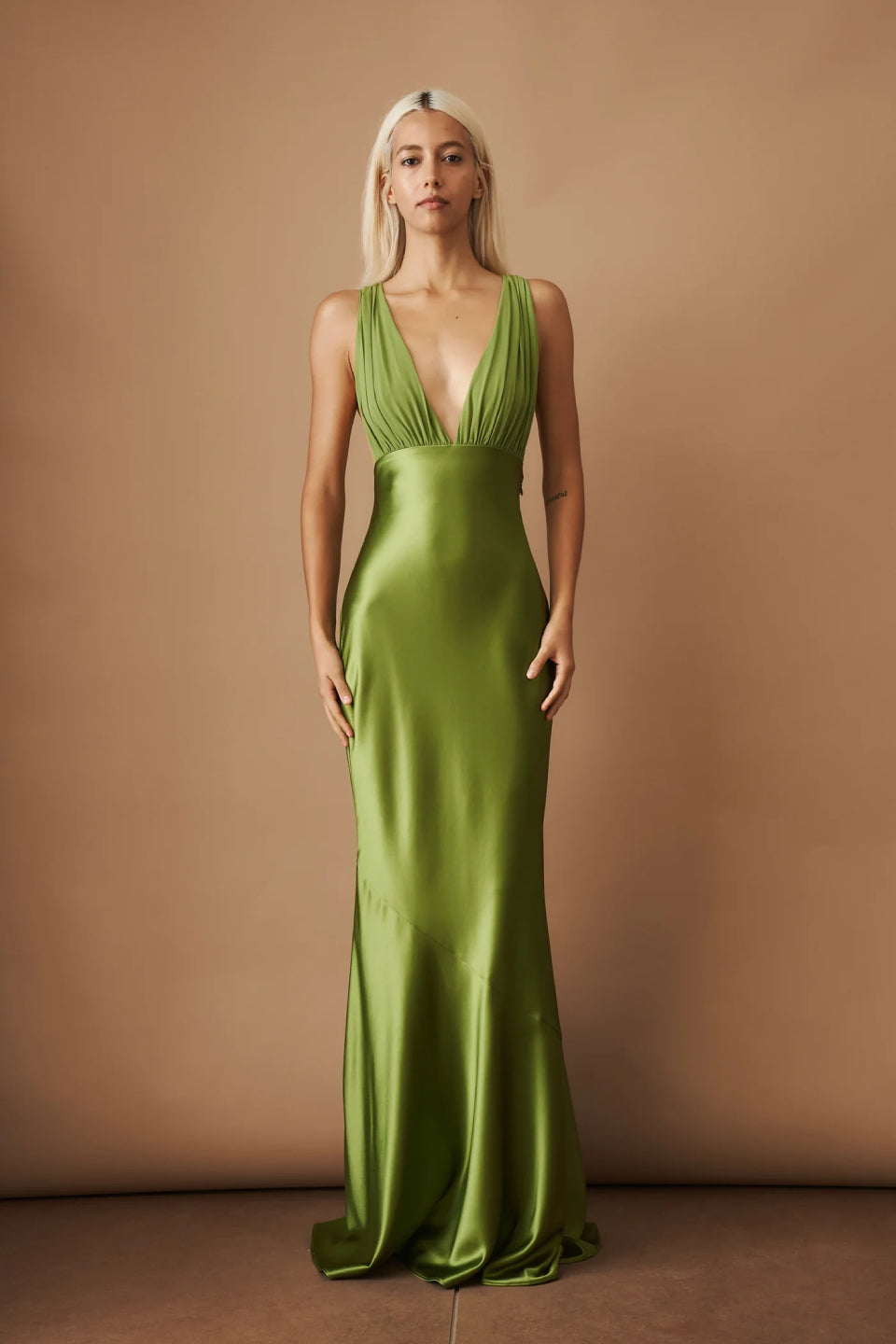 olive green silk maxi dress Olive Green Satin Dress - Maxi Slip Dress - Ruched Maxi Dress