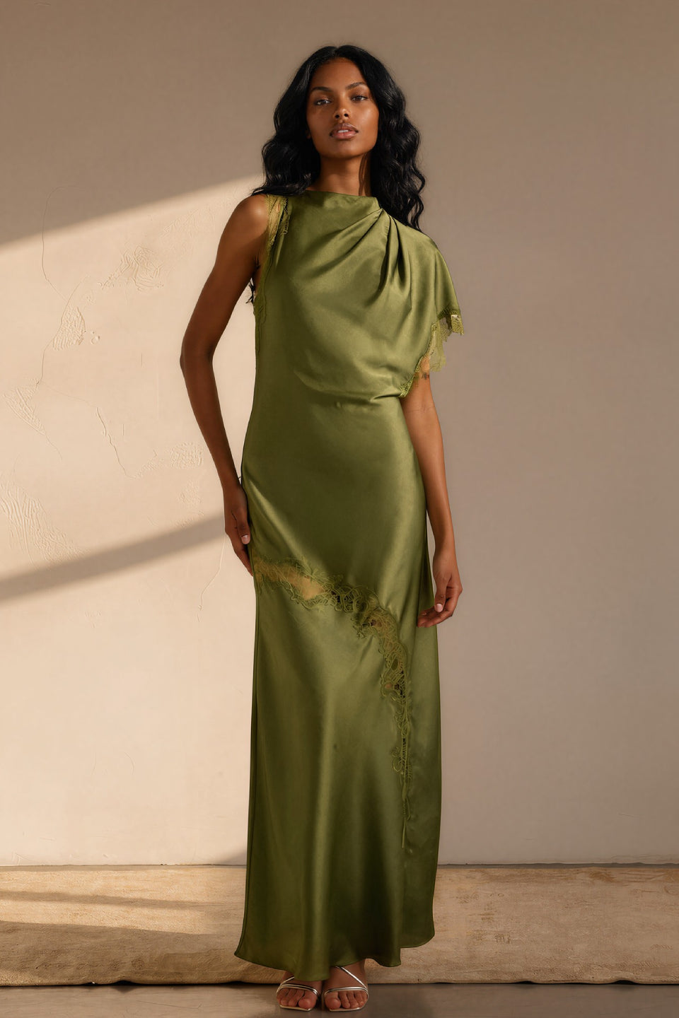 Olive Satin One Shoulder Maxi Dress – ShimmerMolly