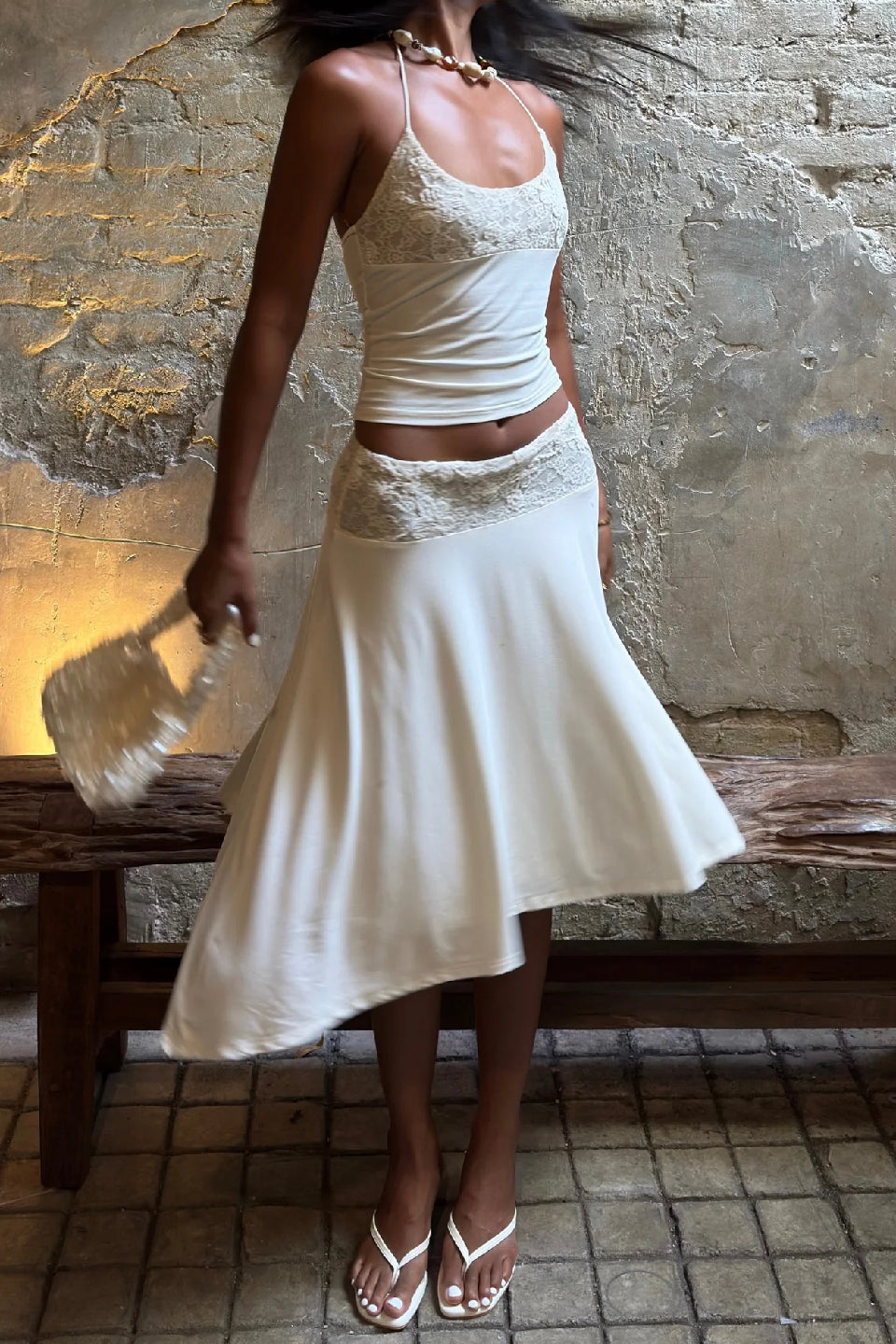White Lace Waist Asymmetric Skirt