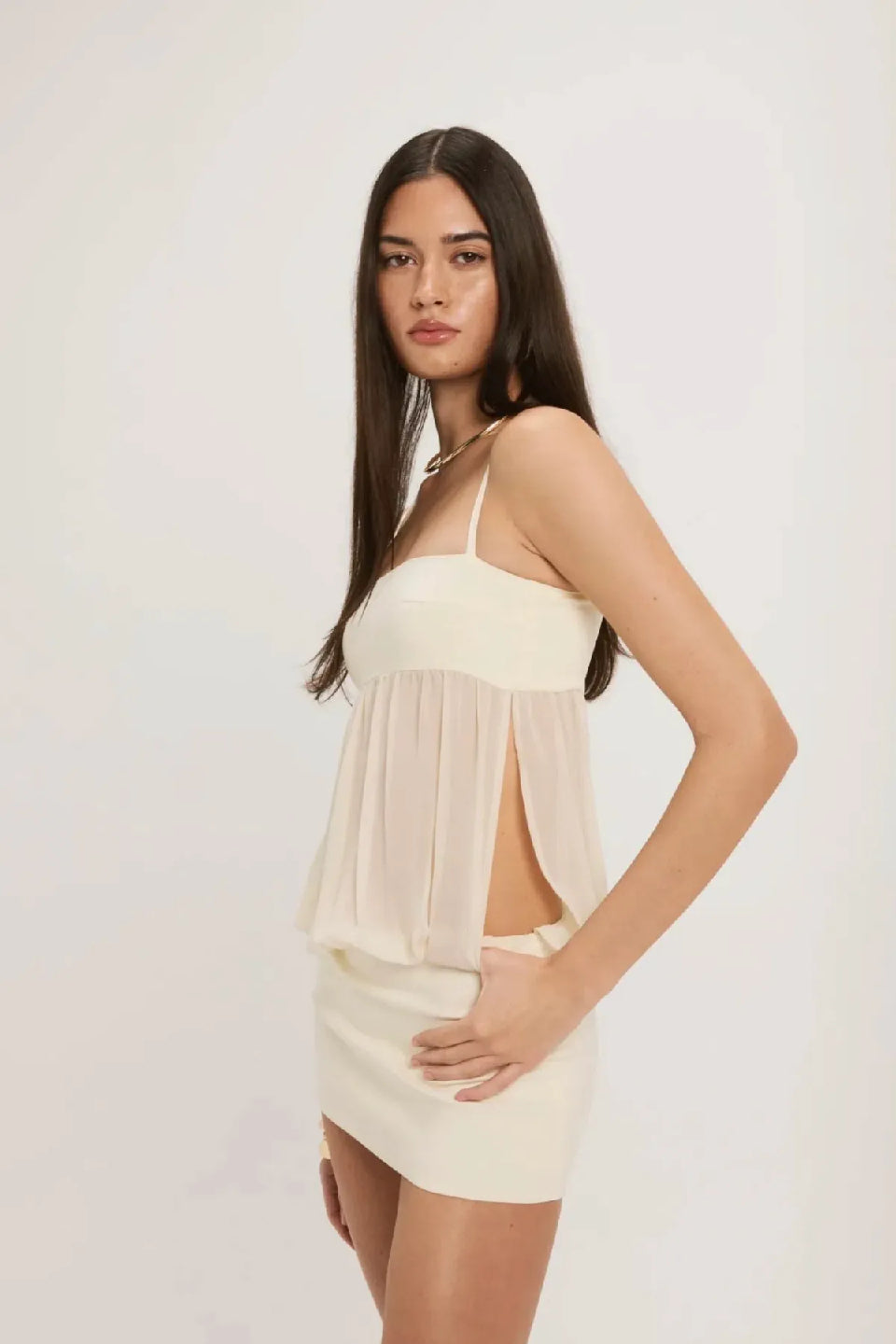 Cream Chiffon Slit Bodycon Mini Dress