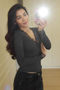 Grey Lace V-Neck Top