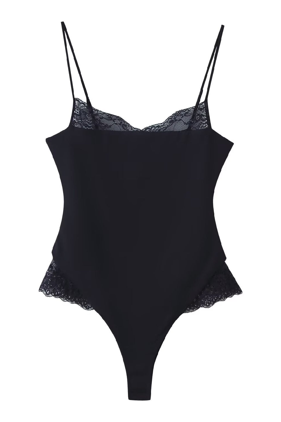 Black Lace V-Neck Fitted Bodysuit