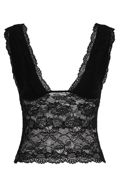 Black Lace Sheer V-Neck Crop
