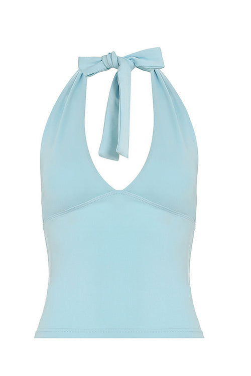 Blue Halter Deep V Ruched Crop