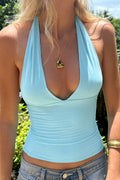 Blue Halter Deep V Ruched Crop