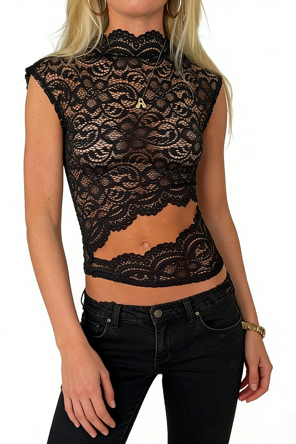 Black Lace Mock-Neck Cutout Crop