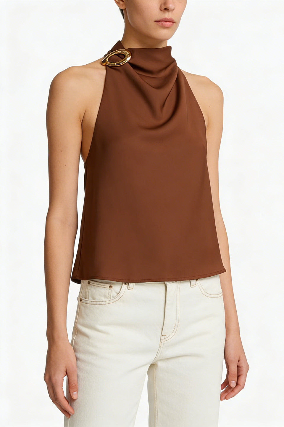 Brown Halter Ring Back Sleeveless Top