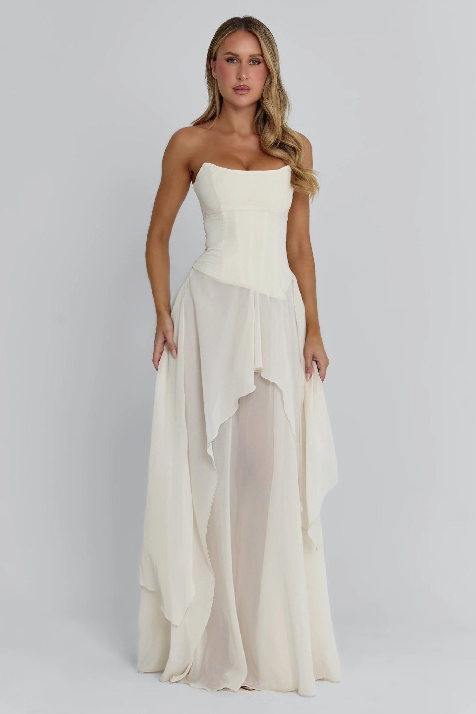 Ivory Boned Chiffon Layered Maxi Dress - White / S Ivory Boned Chiffon Layered Maxi Dress - White / S