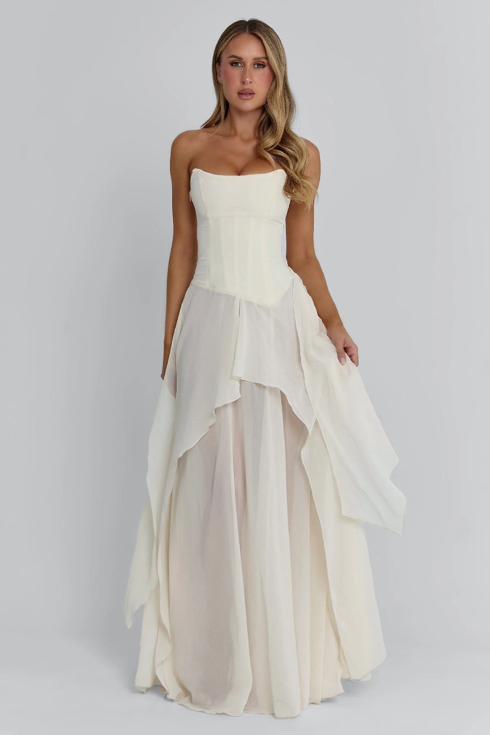 Ivory Boned Layered Chiffon Maxi Dress | Romantic Gown for Women ShimmerMolly Ivory Boned Layered Chiffon Maxi Dress | Romantic Gown for Women ShimmerMolly