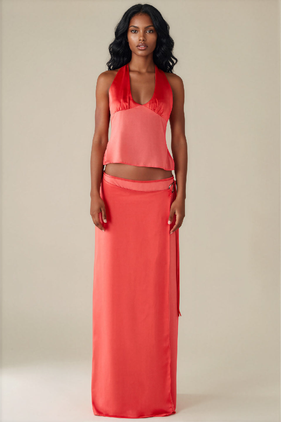 Coral Satin Wrap Maxi Skirt