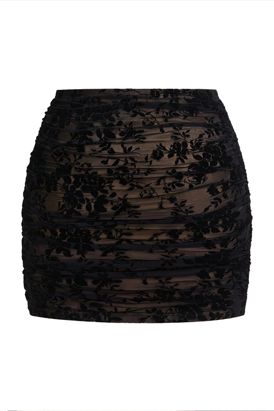 Black Floral Flocked Mesh Mini Skirt