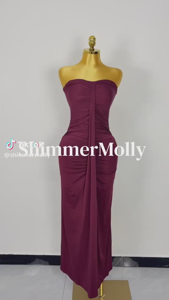Burgundy Strapless Ruched Maxi Dress