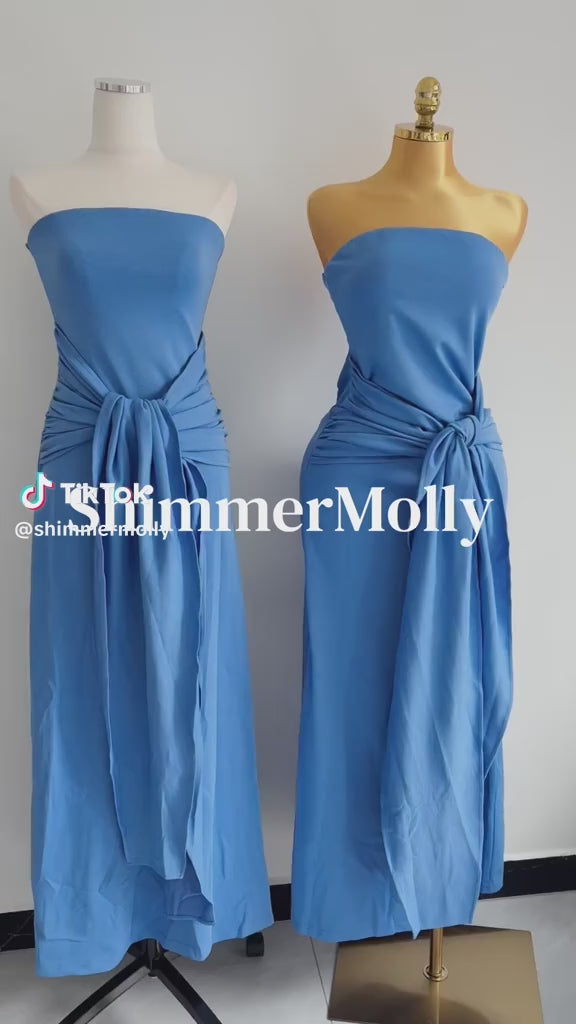 Blue Bandeau Twist Bow Maxi Dress