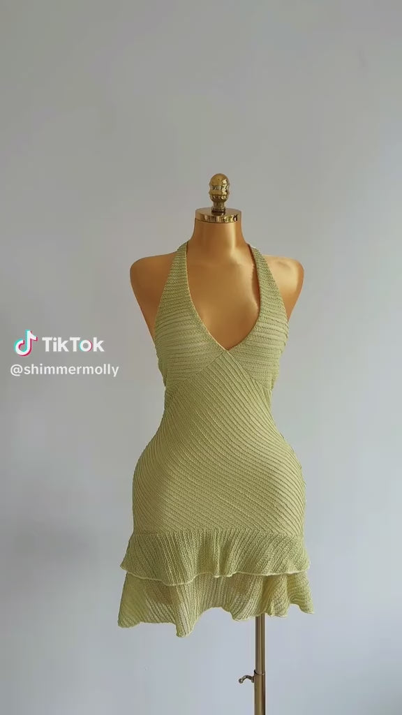 Yellow Halter Stripe Ruffle Mini Dress