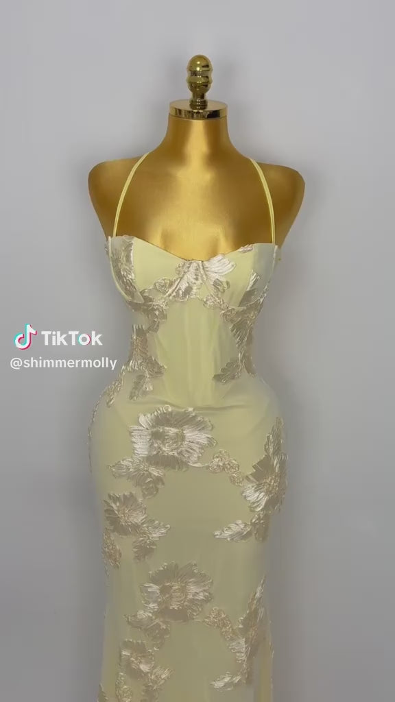 Cream 3D Floral Fishtail Gown
