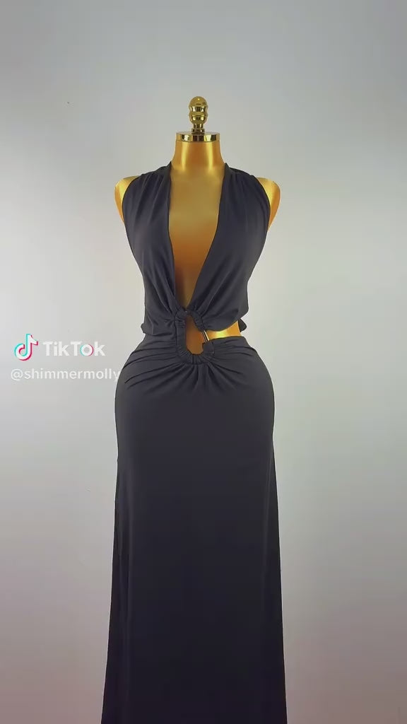 Black Halter Ring Tie Maxi Dress