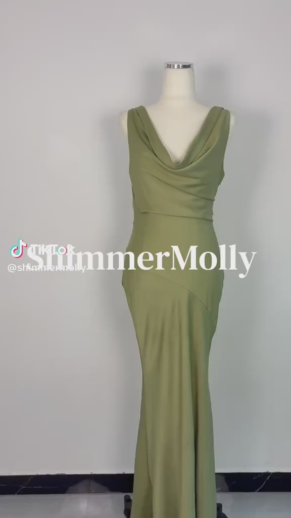 Olive Green Satin Cowl Back Maxi Dress