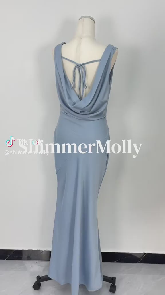 Light Blue Satin Cowl Back Maxi Dress