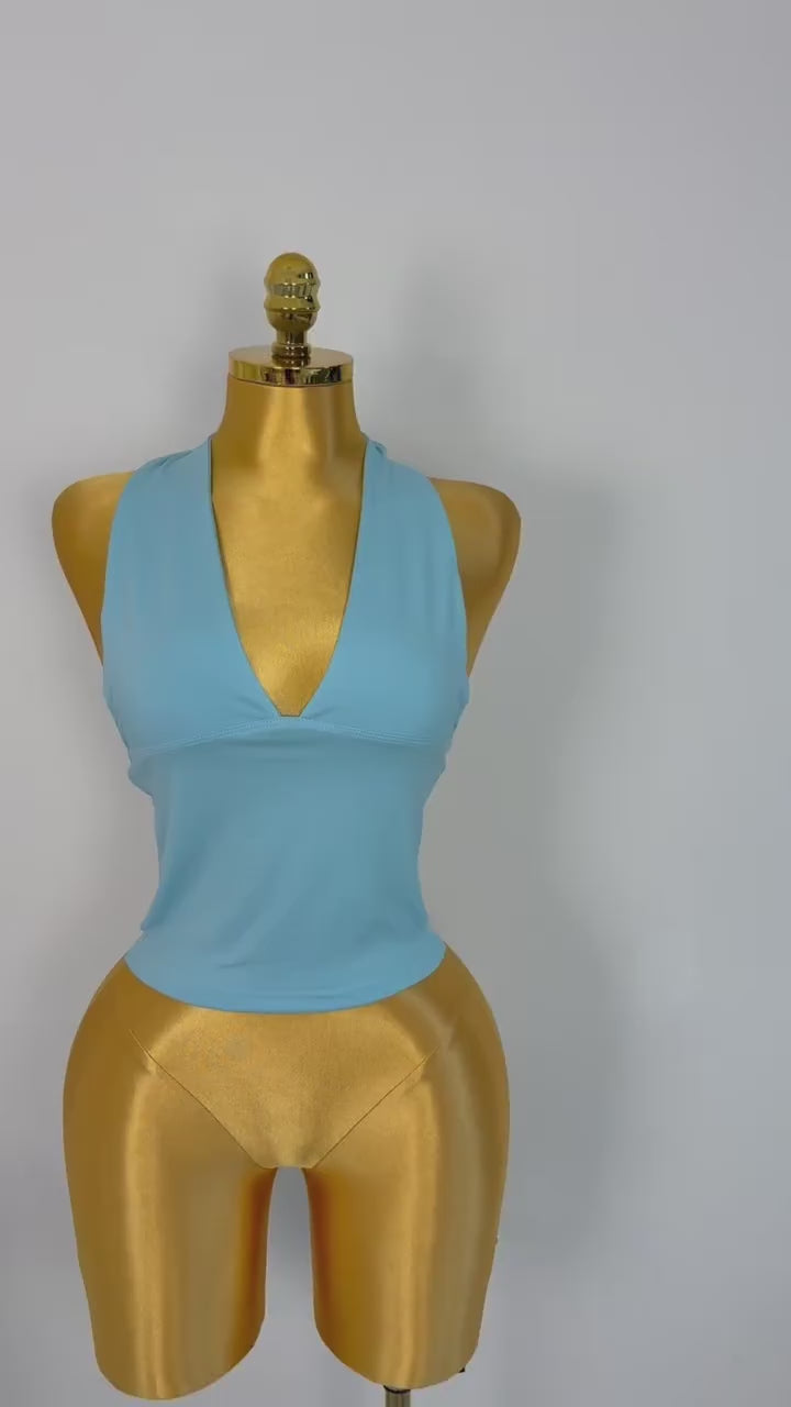 Blue Halter Deep V Ruched Crop