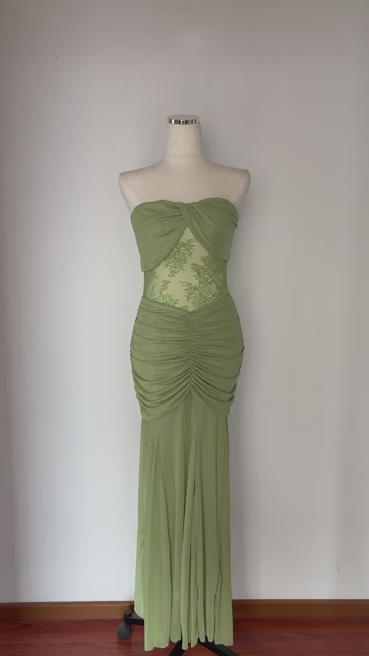 Sage Lace Cutout Mesh Maxi Dress