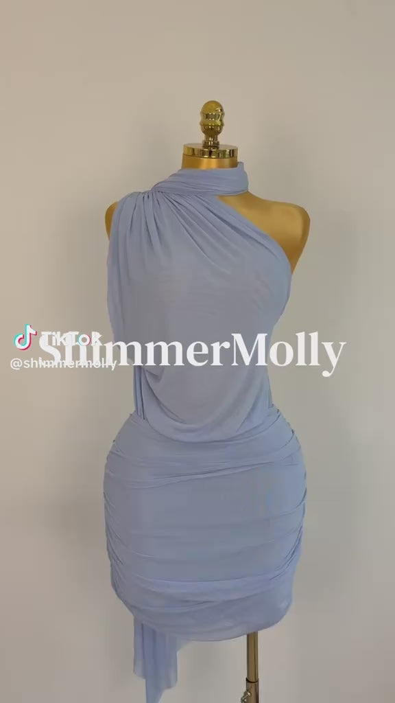 Blue One-Shoulder Chiffon Mini Dress