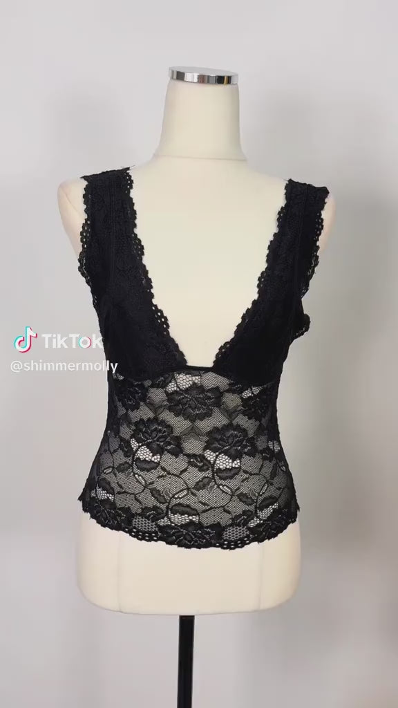 Black Lace Sheer V-Neck Crop