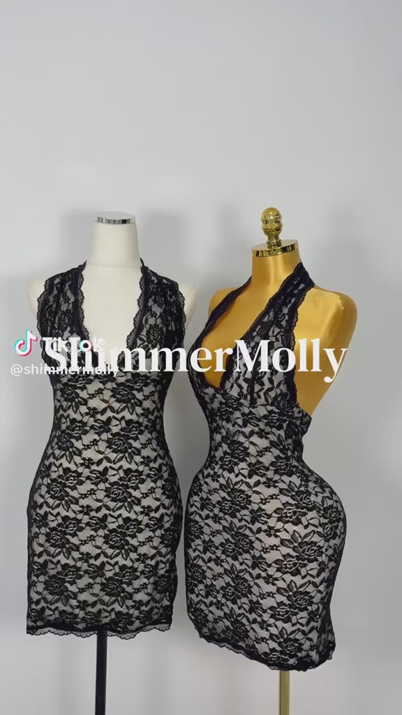 Black Lace Halter Bodycon Mini Dress