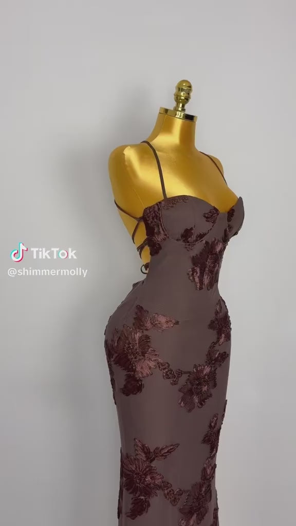 Brown 3D Floral Fishtail Gown