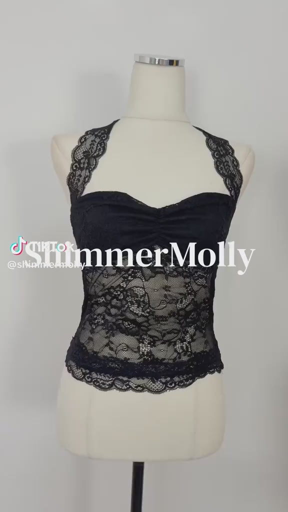 Black Halter Lace Bow Crop Top
