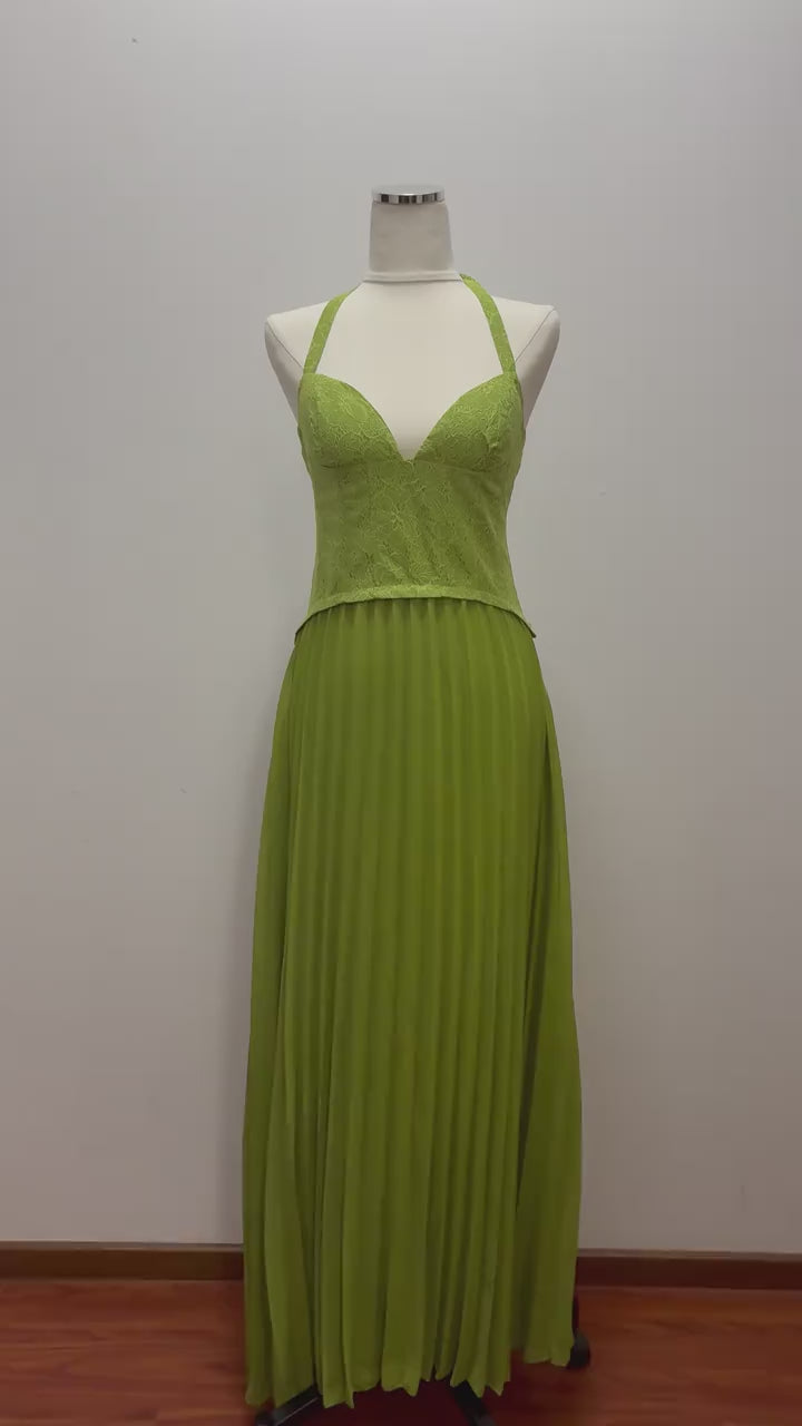 Green Lace Corset Pleated Gown