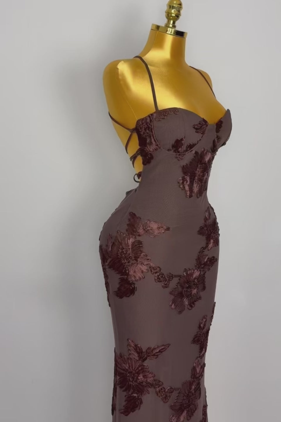Brown 3D Floral Fishtail Gown