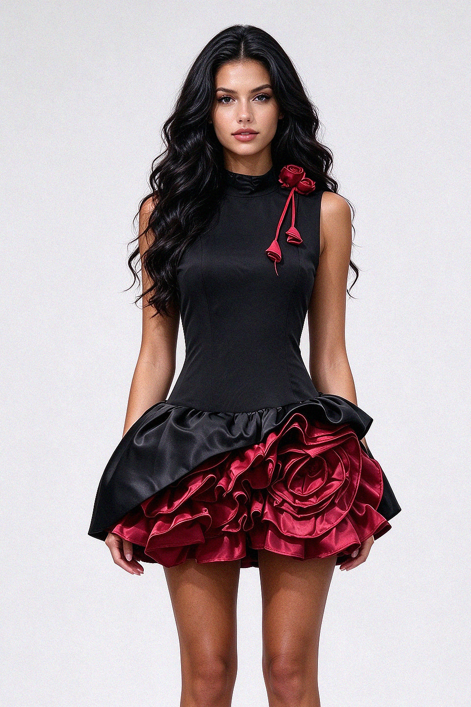 Noir Red Rose Ruffle Mini Dress