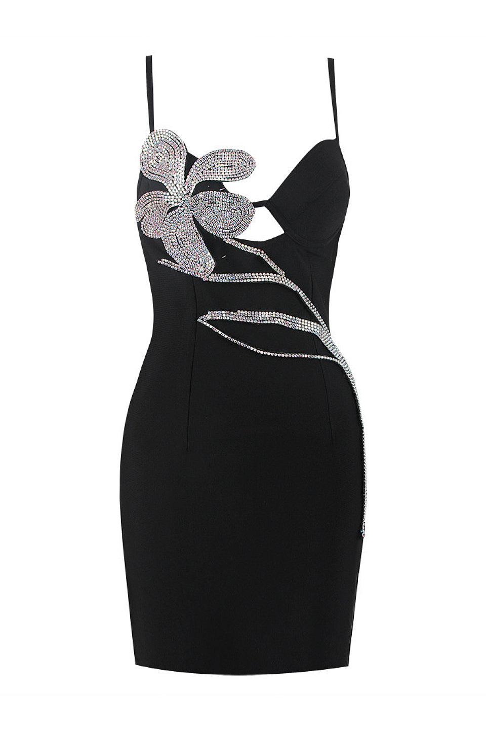 Noir Rhinestone Bloom Mini Dress