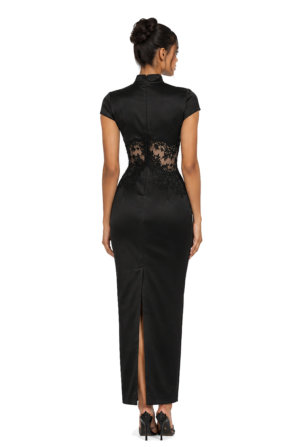 Noir Satin Lace Qipao Maxi Dress
