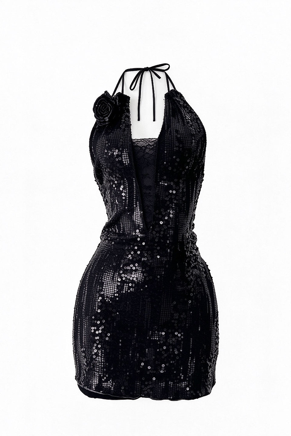 Black Sequin Halter Mini Dress
