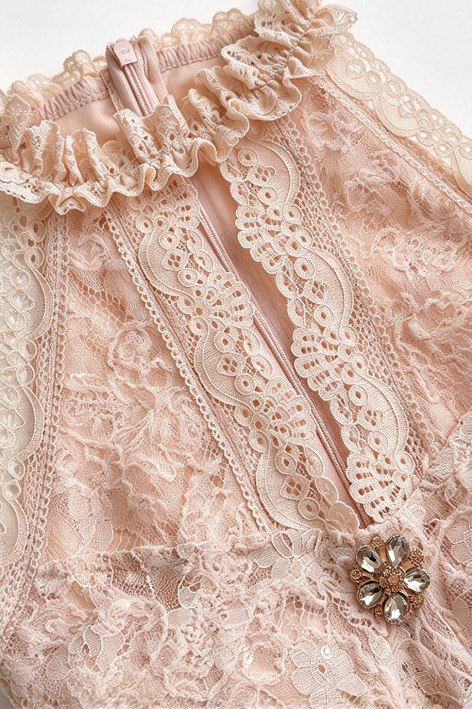 Champagne Rhinestone Lace Mini Dress
