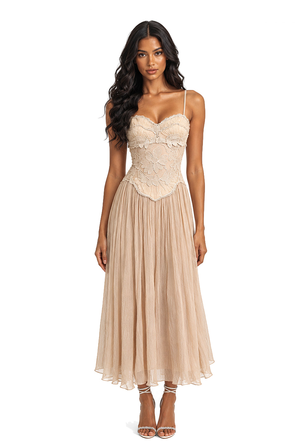 Champagne Floral Lace Midi Dress