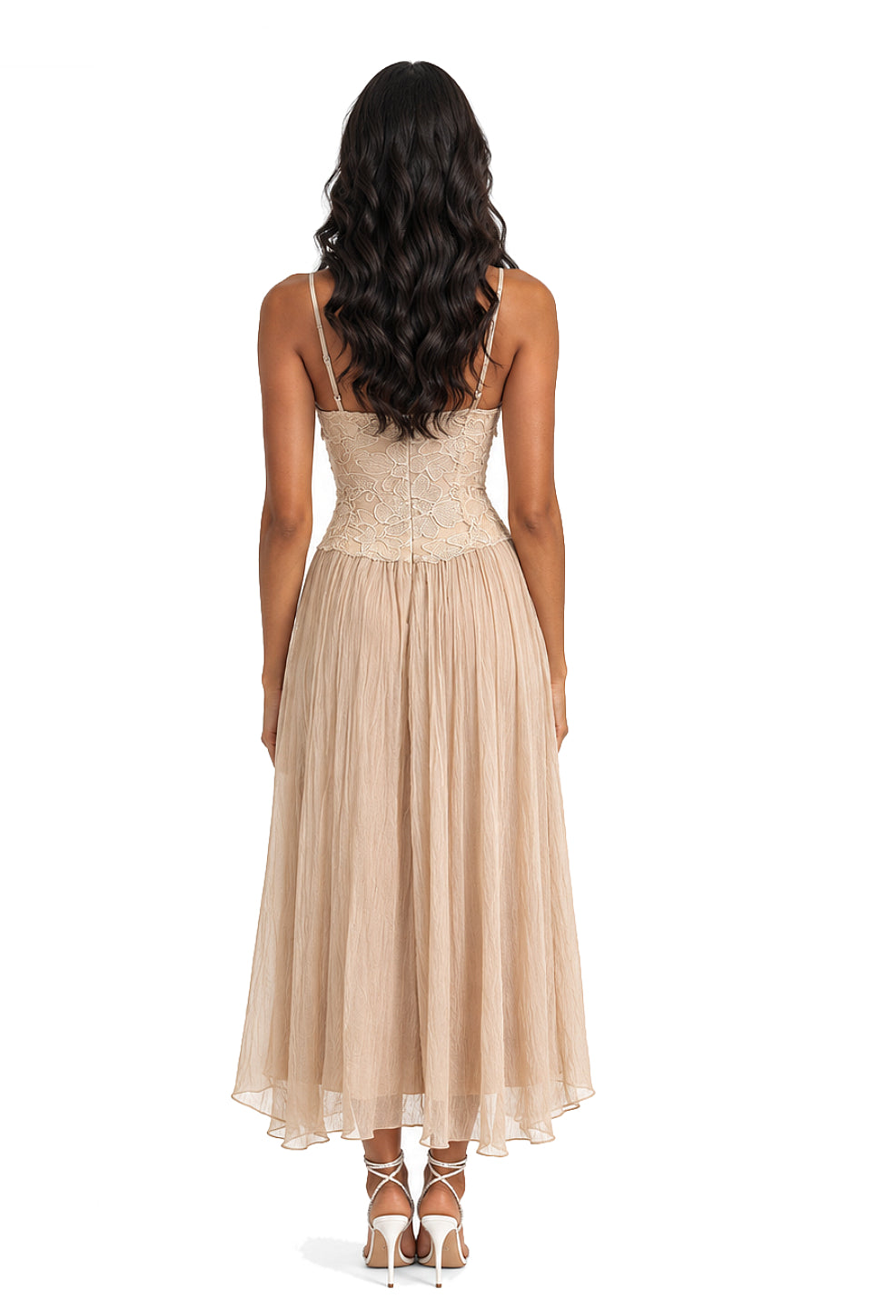Champagne Floral Lace Midi Dress
