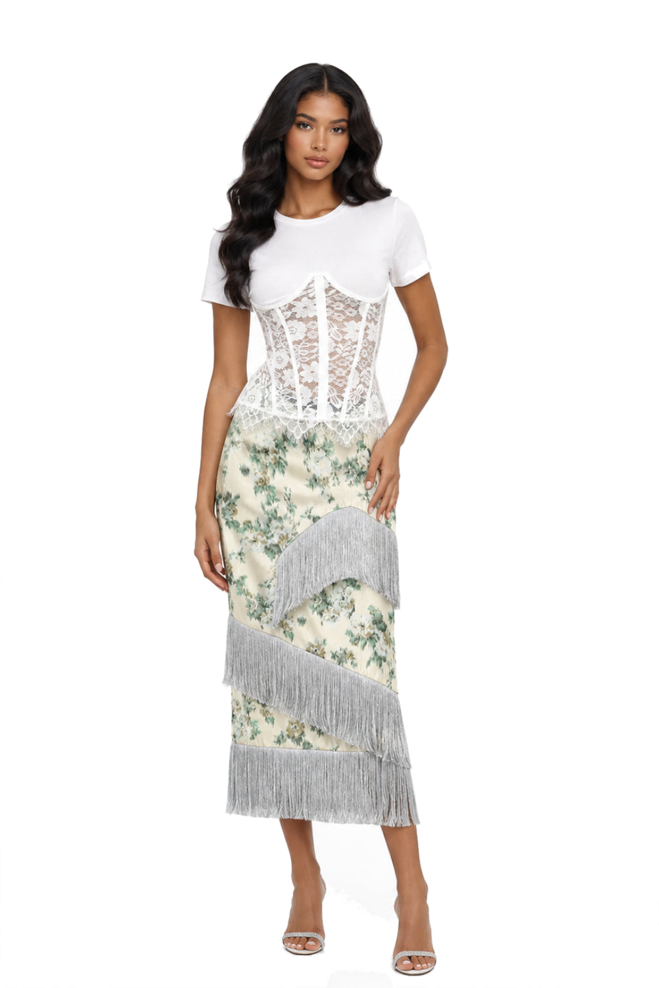 Cream Floral Fringe Midi Skirt