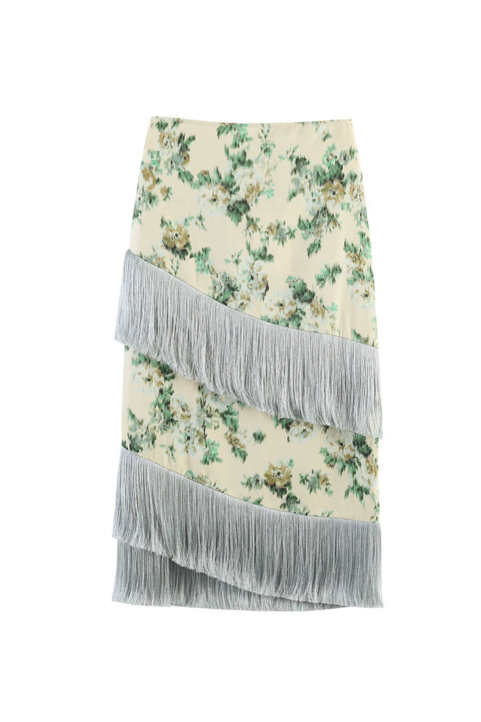 Cream Floral Fringe Midi Skirt