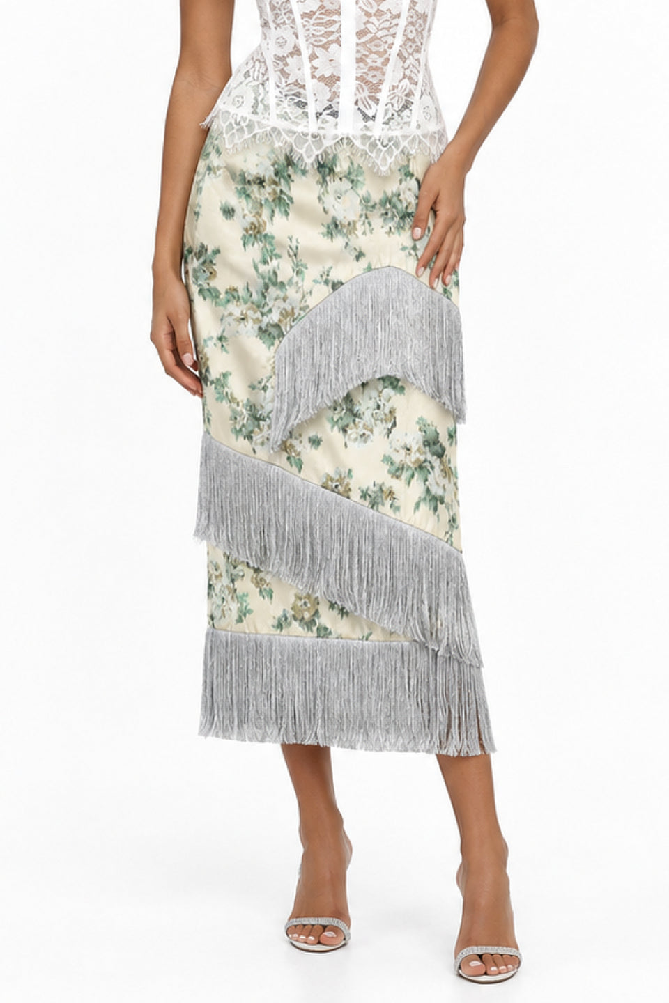 Cream Floral Fringe Midi Skirt