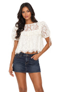 Cream Floral Lace Puff Blouse