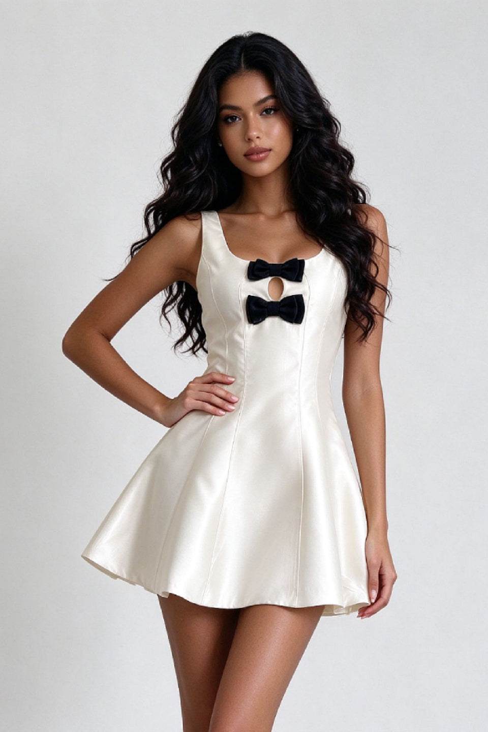 Ivory Black Bow Cutout Mini Dress