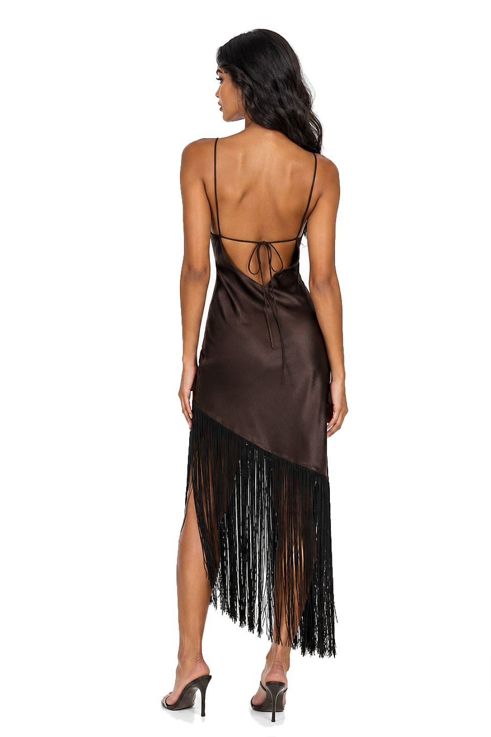 Mocha Satin Fringe Midi Dress