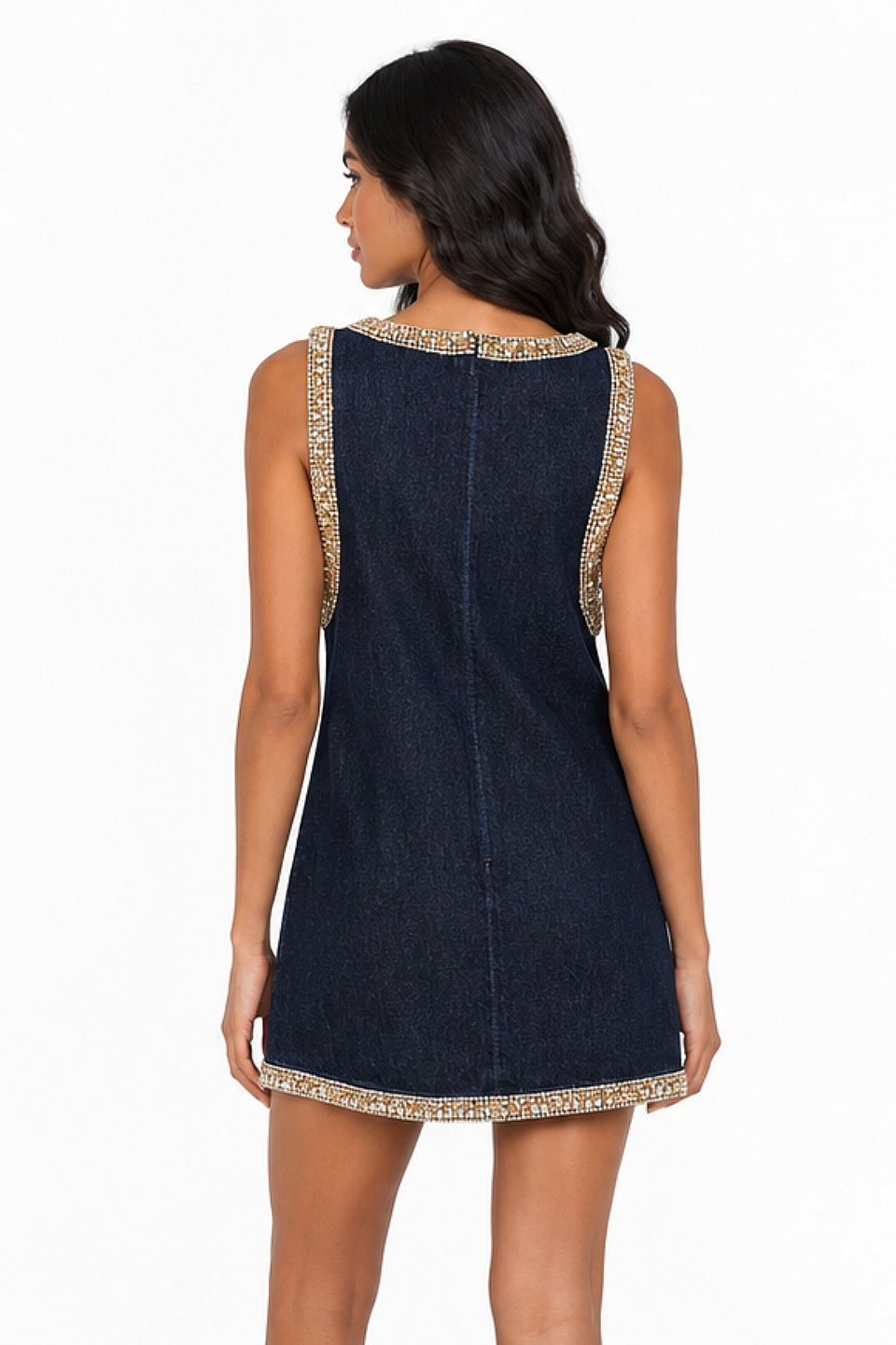 Denim Rhinestone Shift Mini Dress