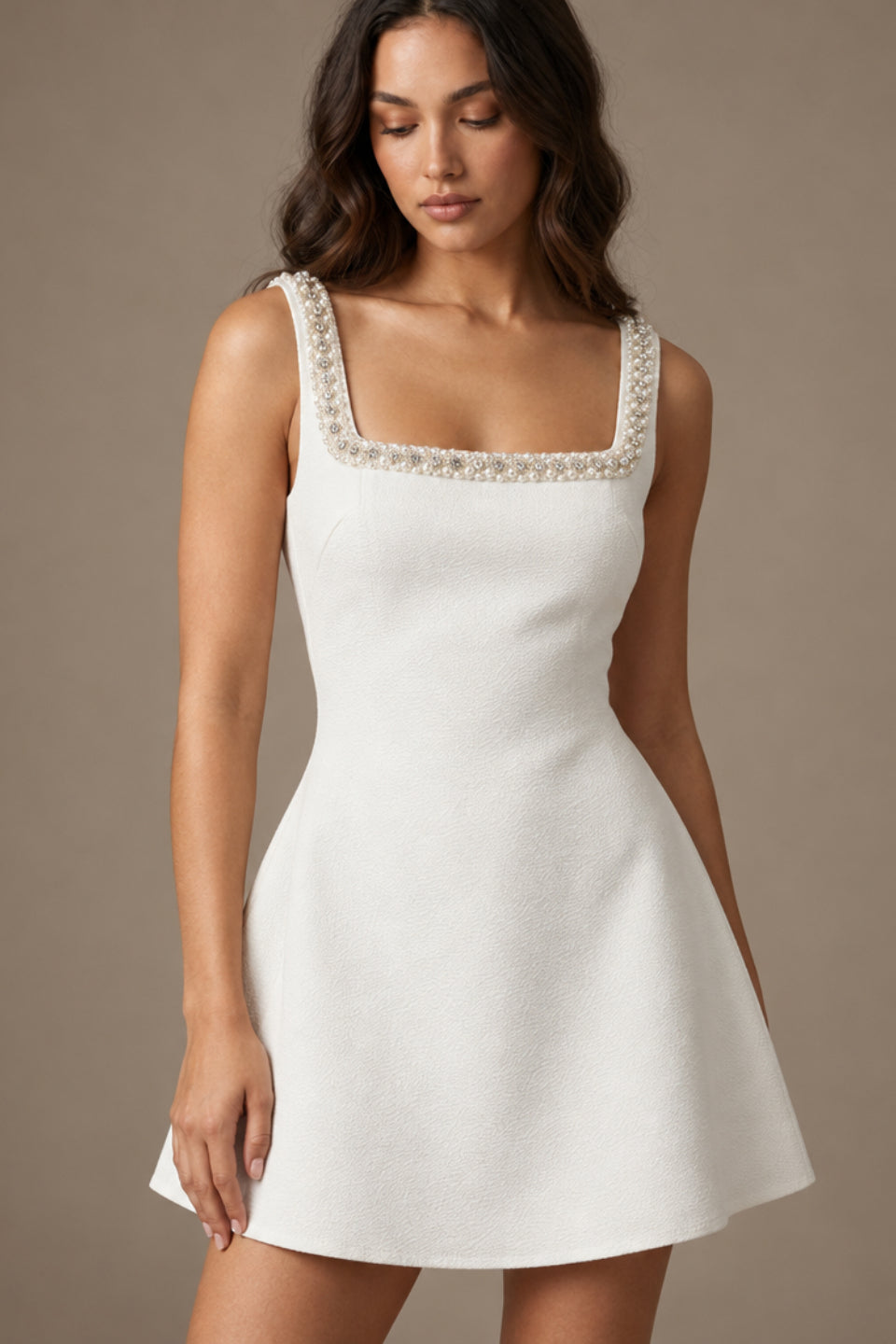 Ivory Pearl Trim Bow Mini Dress
