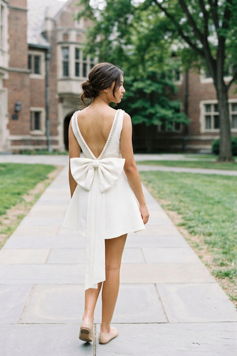 Ivory Pearl Trim Bow Mini Dress