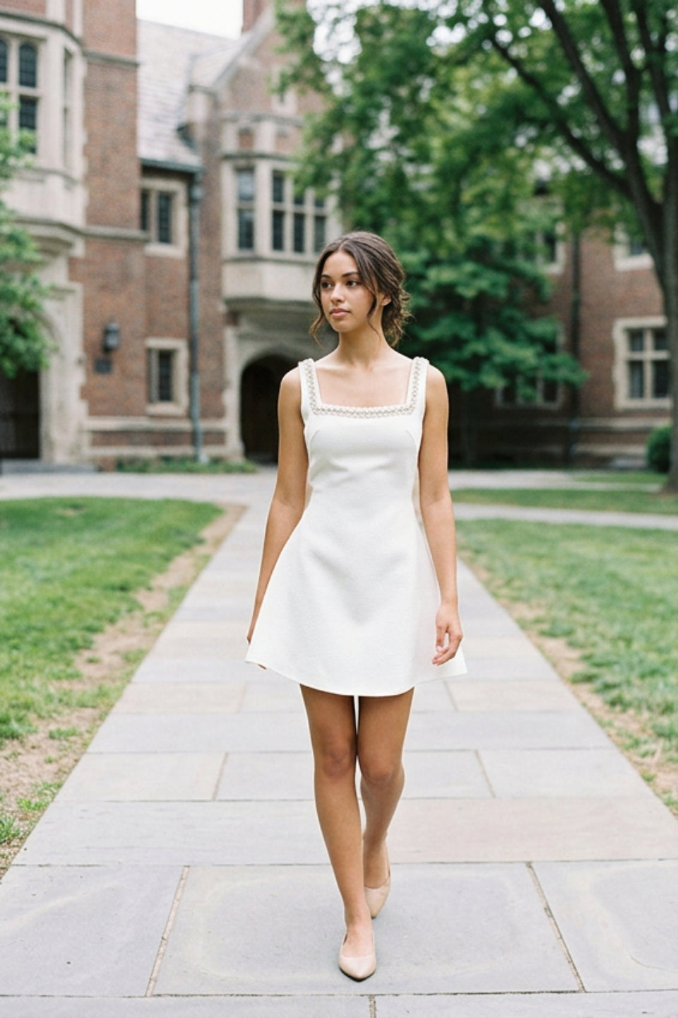 Ivory Pearl Trim Bow Mini Dress