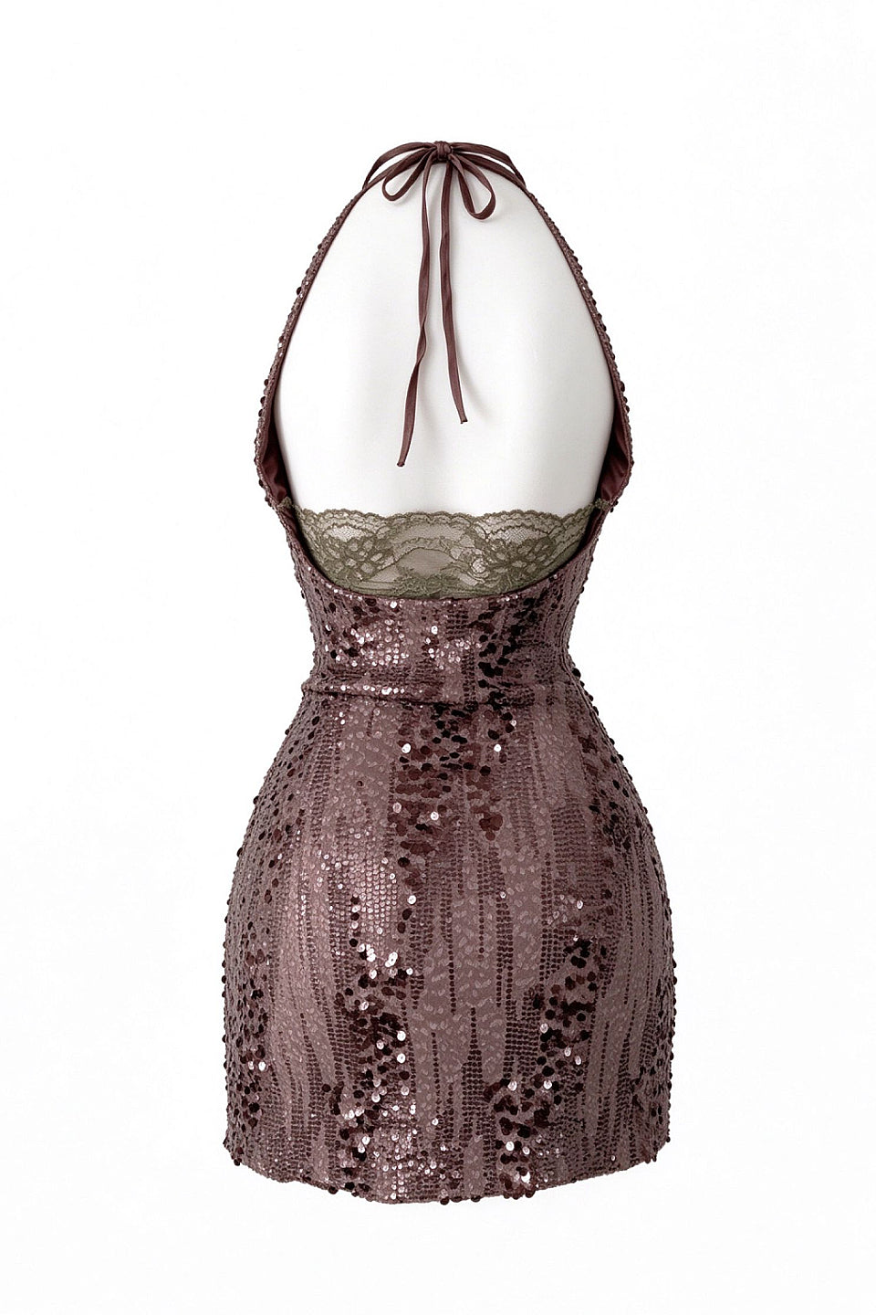 Mauve Brown Sequin Halter Mini Dress